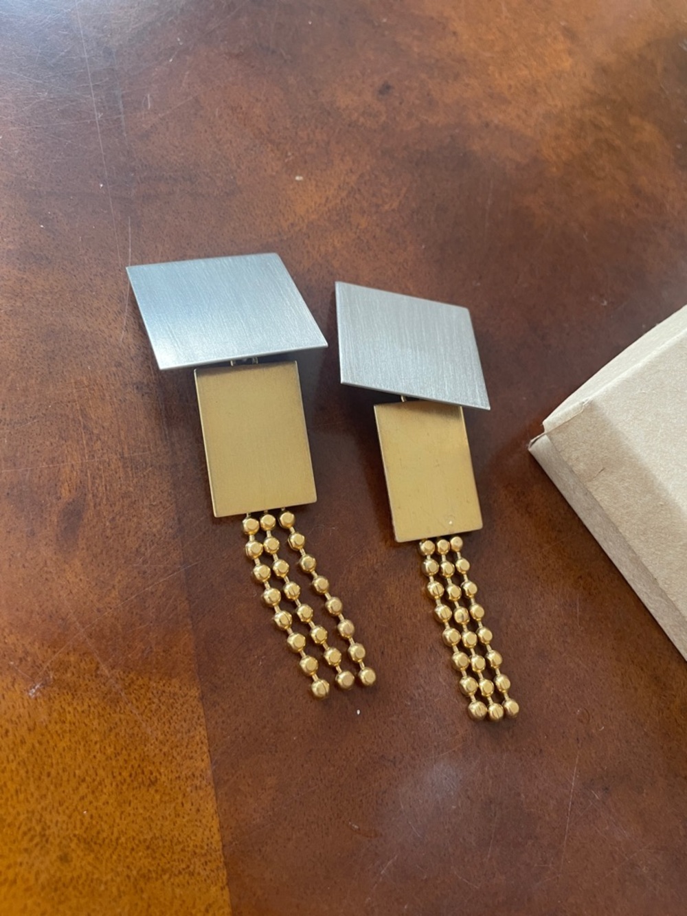Marcy Feld Vintage Two-Tone Square Drop Clip Earrings in Gold and Silver - Picture 9 of 9